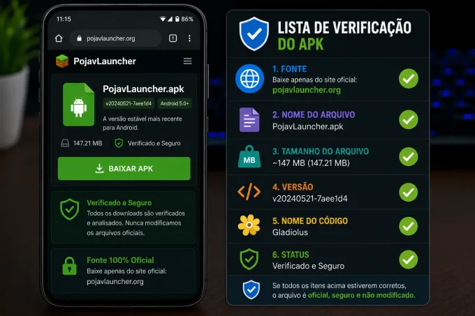 Checklist: origem nesta página, nome do arquivo, tamanho ~147 MB e versão
