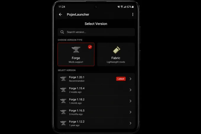 Comparação Forge e Fabric no seletor de versões do PojavLauncher