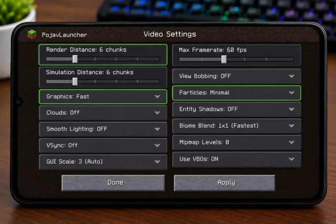 Configurações de vídeo do Minecraft com render distance baixa no celular