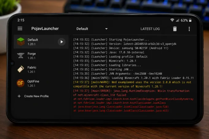 Arquivo latest.log aberto com erro de inicialização do Minecraft
