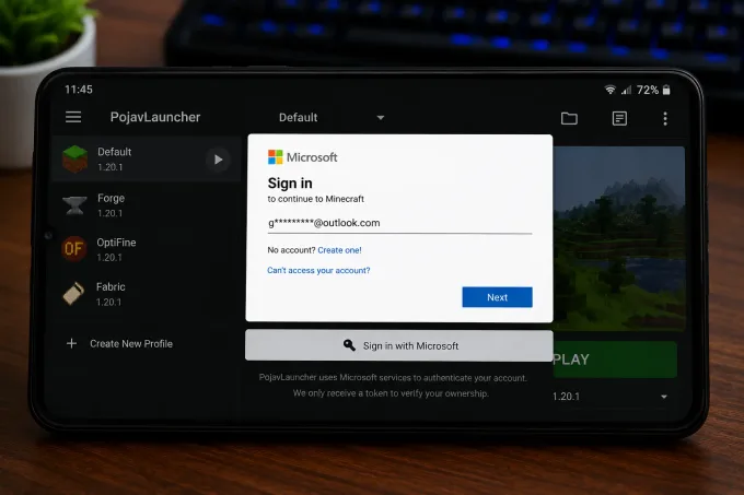 Tela de login Microsoft no PojavLauncher no Android