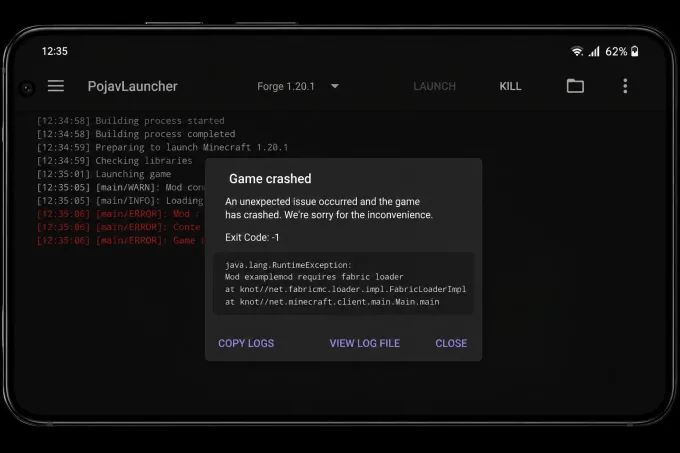Tela de crash ou log após conflito de mods no PojavLauncher