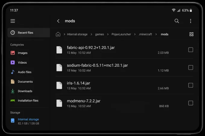 Caminho .minecraft/mods no gerenciador de arquivos do Android