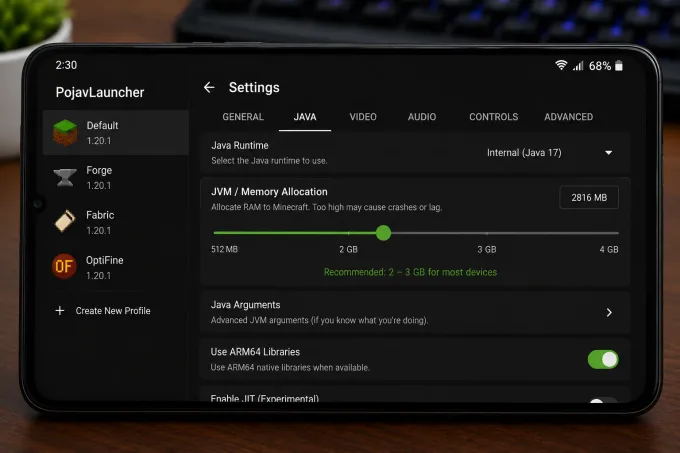 Slider de memória JVM com valor moderado para celular