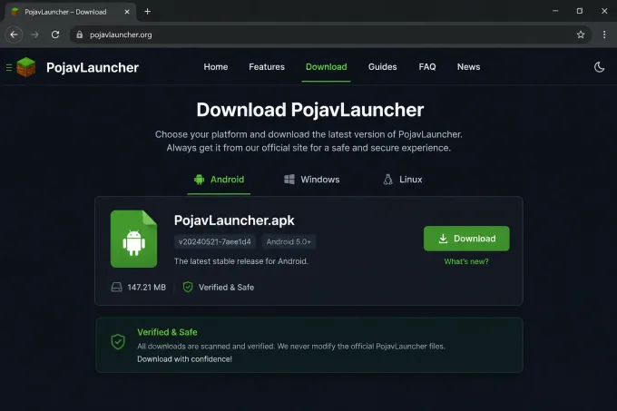 Seção de download nesta página com PojavLauncher.apk (~147 MB, Gladiolus)
