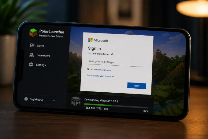 Primeiro início e login Microsoft no PojavLauncher